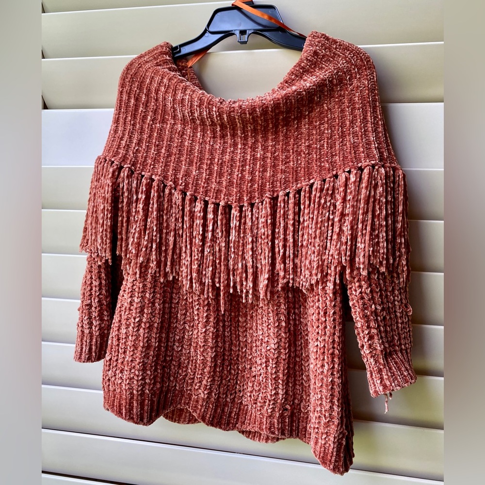 Sm Brown Off-the-shoulder Chenille Sweater
